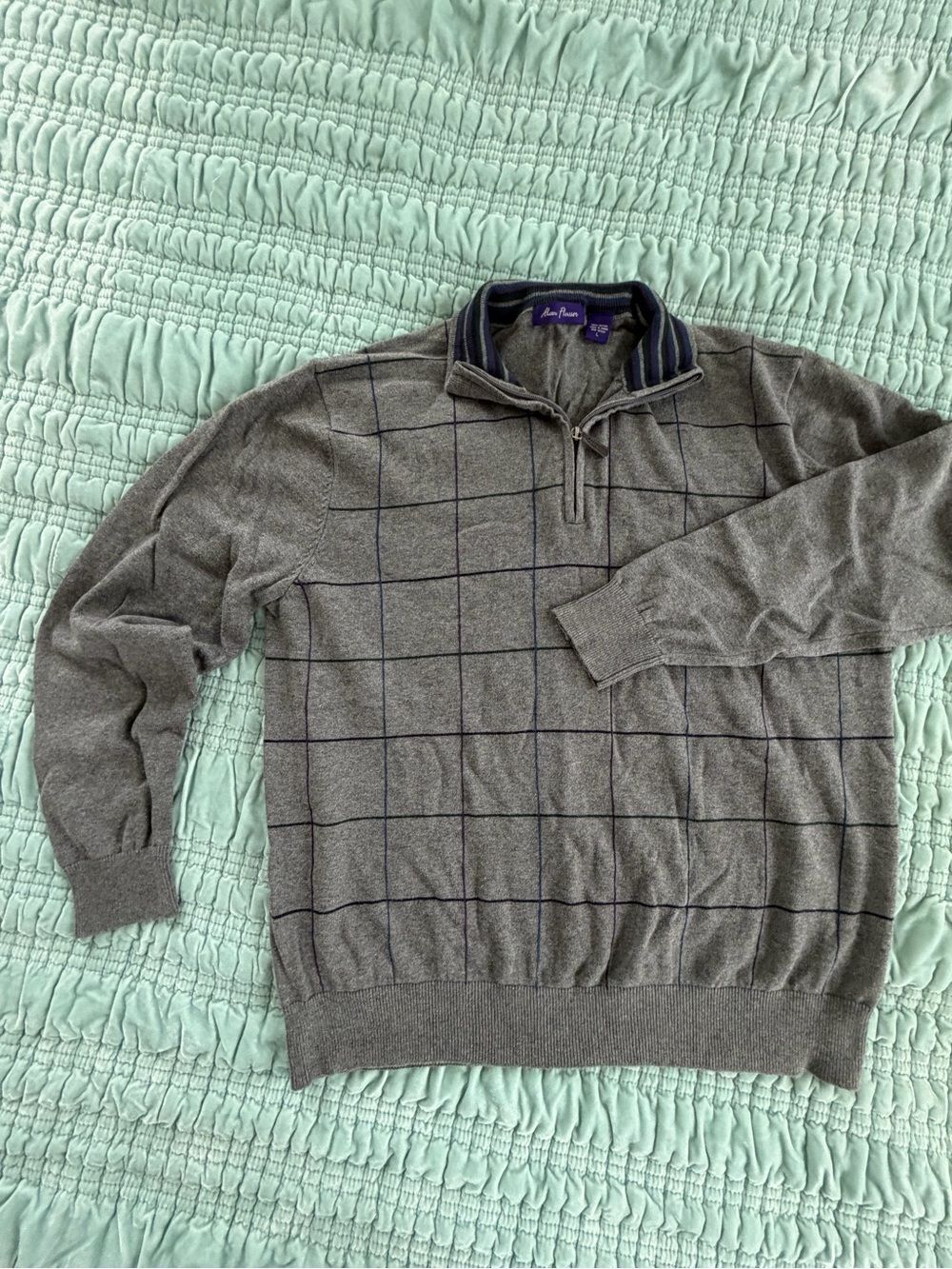 Alan Flusser Gray Windowpane Quarter-Zip Sweater with Navy Trim-Large